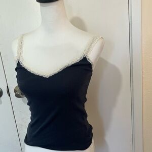 Brandy Melville Black and Cream Lace Trim Tank Top
